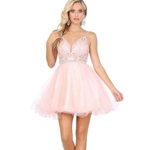 Blush Spaghetti Strap Short Party Dress.